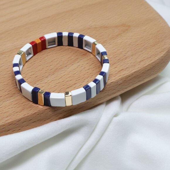 Roxanne Assoulin Project Stripe Gold Navy White Enameled Stretch Bracelet - Picture 1 of 2